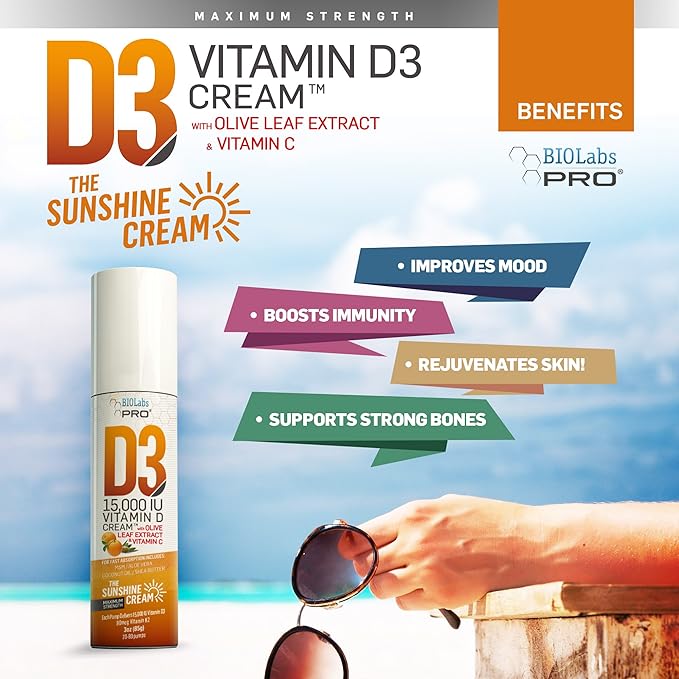 BIOLABS PRO All Natural Vitamin D3 15000IU Vitamin D Cream - Maximum Strength - Fight Vitamin D Deficiency Naturally - with Vitamin K2 &amp Olive Leaf Extract - Safe &amp Effective (15000IU - 3.0oz