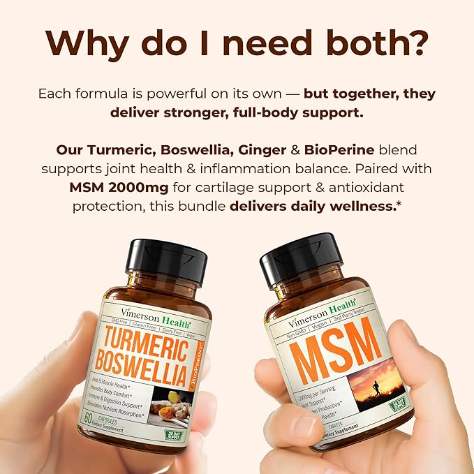 Boswellia Turmeric Curcumin Supplement + MSM 2000mg Bundle – Supports Joint Health &amp Aids Inflammatory Response – with Ginger Root Organic Turmeric Powder &amp Curcumin with Black Pepper (BioPer