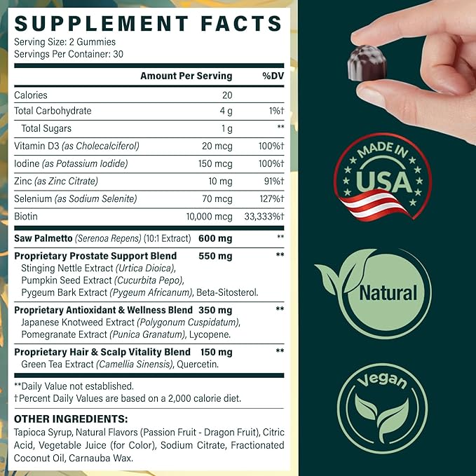 Saw Palmetto Gummies for Men – 600mg Extra Strength DHT Blocker with Biotin Pumpkin Seed – Supports Prostate Function Urinary Flow &amp Hair Regrowth Supplement 60 Passionfruit-Dragonfruit Gummies