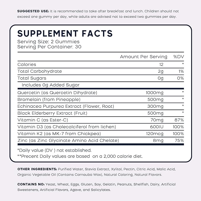 (2 Pack) Quercetin Gummies with Bromelain Zinc Elderberry Vitamin C D3 K2 Quercetin 1000mg Supplement with Bromelain 500mg for Cardiovascular Immune System &amp Allergy Vegan Gummy for Adult &amp