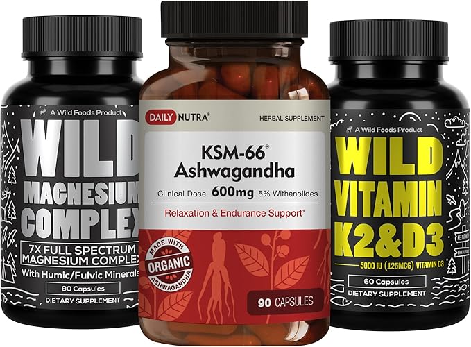 DailyNutra KSM 66 Ashwagandha (90 Capsules) Ashwagandha (90 Capsules) Magnesium Complex (90 Capsules) and Vitamin D3K2 (60 Capsules) Bundle for Wellness