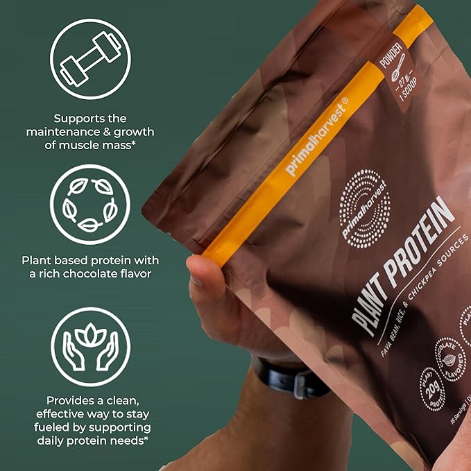 Primal Harvest Vegan Protein Powder for Nutritional Weight Support 20g Plant-Based Protein Per Serving from Fava Beans Chickpeas &amp Rice Chocolate Flavor 405g Gluten-Free Soy-Free No Added Sugar