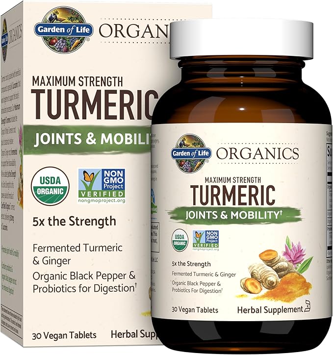 Garden of Life Organics Maximum Strength Turmeric Joints &amp Mobility Support 30 Tablets - 500mg Curcumin (95% Curcuminoids) Black Pepper - Organic Non-GMO Vegan &amp Gluten Free Herbal Supplements