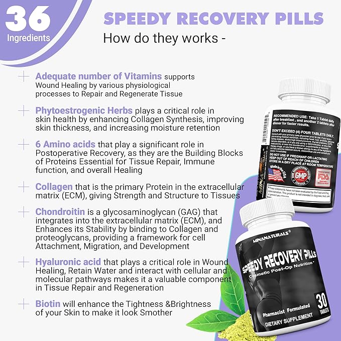 Speedy Recovery Pills Post-OP Recovery Supplement Scar Support Vitamins Promotes Collagen and Fast Wound Healing Specially Formulated for Post op Cosmetic Surgeries 30 Tablets