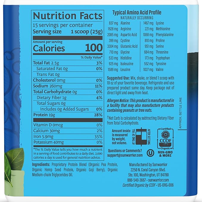 Sunwarrior Organic Plant Based Protein Powder | Vegan Organic Protein Powder Unflavored with BCAA Amino Acids &amp Hemp Seed Pea Blend | Non-GMO Soy Dairy Filler &amp Gluten Free (Unflavored 15 Ser