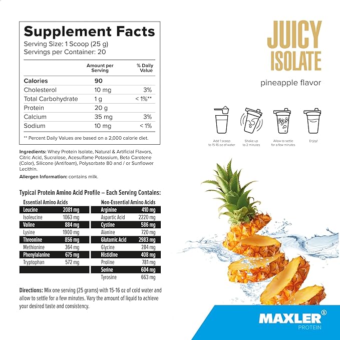 Maxler Juicy Isolate Protein Powder - Clear Whey Isolate - Low Lactose Fat Free Sugar Free Muscle Recovery Drink for Pre &amp Post Workout - Pineapple 1.1lb (20 Servings)