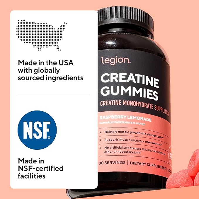 LEGION Creatine Monohydrate Gummies – Clean Chewable Creatine Supplement for Strength Endurance &amp Muscle Recovery – 30 Lemon Drop Flavor Servings – No Artificial Flavors or Sweeteners.