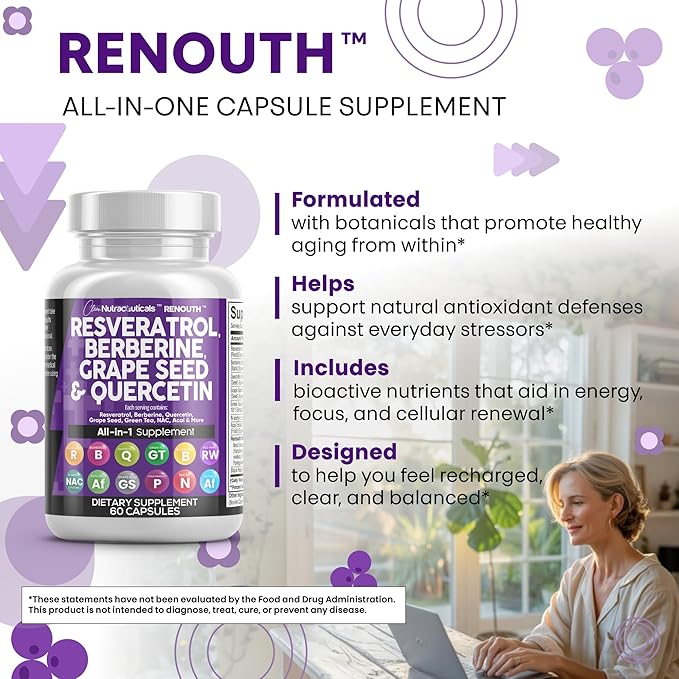 Clean Nutraceuticals Resveratrol Berberine Grape Seed Extract Quercetin Green Tea Extract Polyphenol Supplement for Women &amp Men N-Acetyl Cysteine Acai - 2Pack