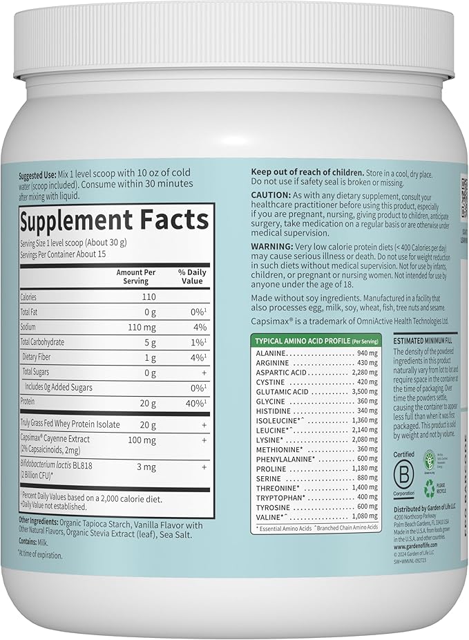 Garden of Life SPORT Whey Plus Weight Management with Amino Energy - 20g of Grass Fed Protein Isolate for Women and Men - Vanilla Powder - With Capsimax 2 Billion CFU Probiotics About 15 Servings