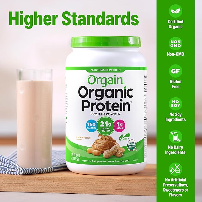 Orgain Organic Vegan Protein Powder Peanut Butter - 21g Plant Protein 7g Prebiotic Fiber Low Net Carb No Dairy Ingredients No Added Sugar For Shakes &amp Smoothies 2.03 lb (Packaging May Vary)