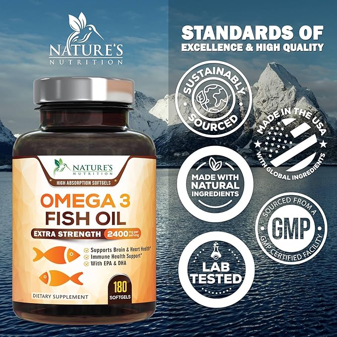 Omega 3 Fish Oil Supplements - 2400mg Fish Oil Per Serving - Triple Strength Omega-3 with EPA &amp DHA Fatty Acids - Natural Heart Brain &amp Immune Support - Wild Caught Bottled in USA - 180 Soft