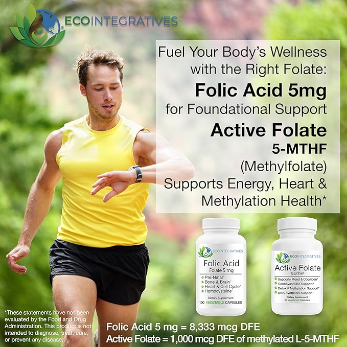 EcoIntegratives® Active Folate 5-MTHF – Methylated Folate 1000 mcg (1700 mcg DFE) – Bioavailable B9 for Mood Methylation Prenatal and Heart Health* – Vegan Gluten-Free Non-GMO – 60 Capsules
