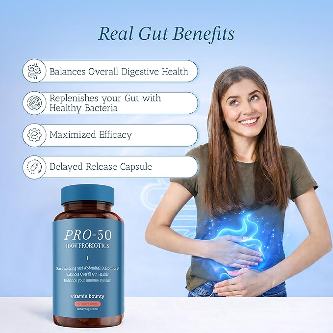 Vitamin Bounty Pro-50 Probiotic 50 Billion CFU - 13 Strain Supplement for Men &amp Women + Prebiotics - Digestive Health &amp Gut Support - Lactobacillus &amp Bifidobacterium - Delayed Release Caps