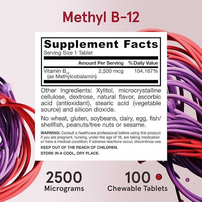 Jarrow Formulas Ultra Strength Methyl B-12 Dietary Supplement for Cellular Energy Production 100 Tropical-Flavored Chewable Tablets Up to a 100 Day Supply Pack of 12