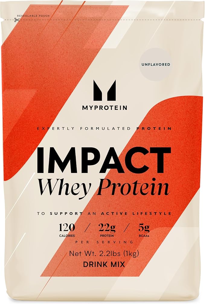 Myprotein Impact Whey Protein Powder 2.2 Lbs (33 Servings) Unflavored 22g Protein &amp 5g BCAA Per Serving Protein Shake for Superior Performance Muscle Strength &amp Recovery Gluten Free