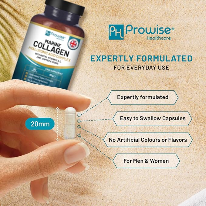 Marine Collagen with Hyaluronic Acid 1100mg - 90 Capsules Boosted with Hyaluronic Acid Vitamins C E B2 Biotin Copper Zinc and Iodine | for Women and Men | Made in The UK by Prowise Healthcare