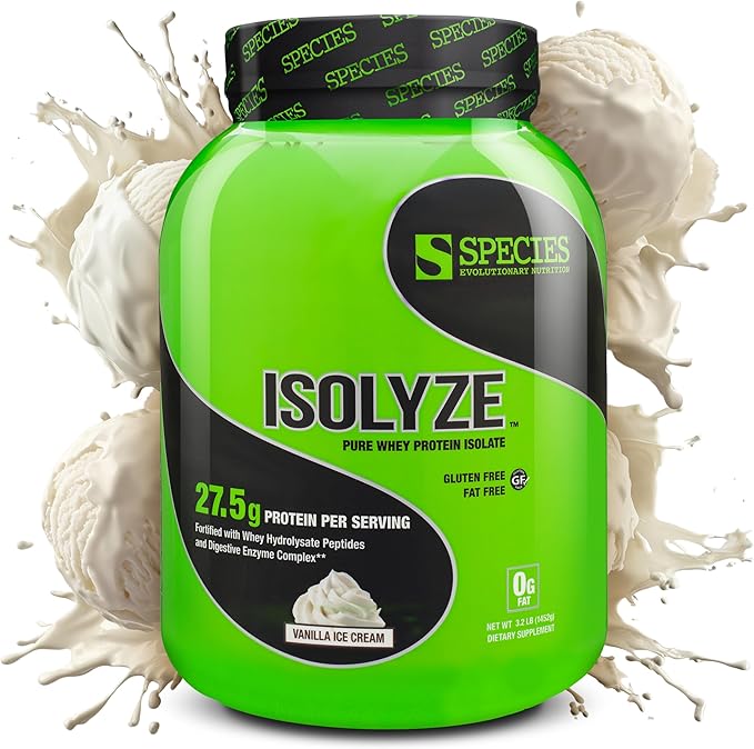 Species Nutrition Isolyze Whey Protein Powder 100% Whey Isolate for Muscle Building 27.5g Protein Per Scoop No Sugar &amp Low Fat (Vanilla Ice Cream 44 Servings)