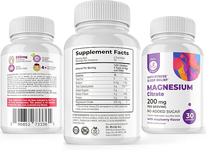 DR. MORITZ Magnesium Bundle - Gummies for Adults (200mg 30 Count) and Kids Magnesium Gummies (60 Count 2 Pack) - Sugar-Free