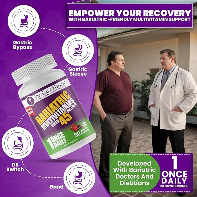 Procare Health Bariatric Multivitamin with Iron 45mg Chewable (30 Tablets) - Fruit Punch Flavor Bariatric Multivitamin Chewable Pills for Gastric Bypass &amp Sleeve Gastrectomy Patients (01 Month Sup