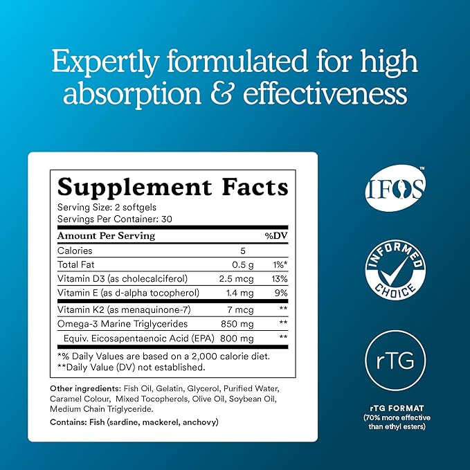 MitoQ Advanced EPA Omega-3 – High-Purity 800mg EPA Fish Oil Supplement | with Vitamin K2 D3 E | Cardiovascular Brain Cellular Support | No Fishy Aftertaste | 60 Softgels
