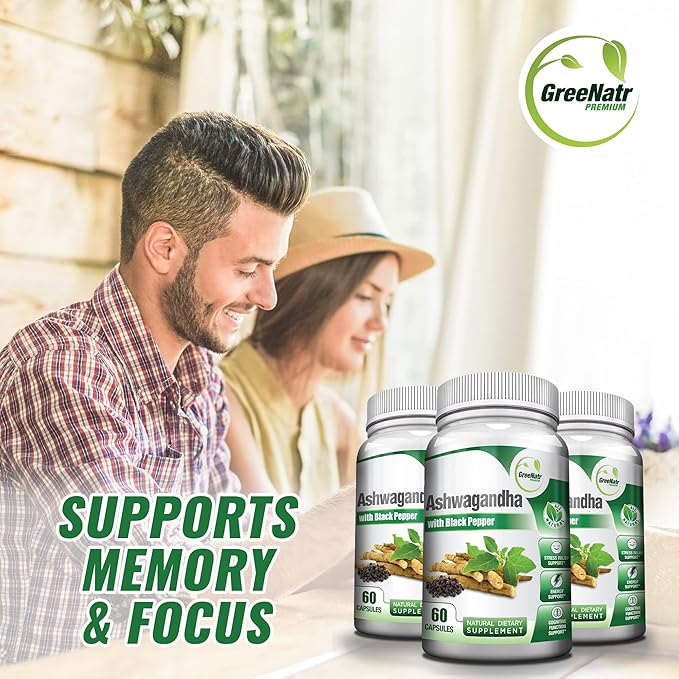 GreeNatr Organic Ashwagandha Capsules with Black Pepper for Enhanced Absorption - Mood Enhancer with Energy and Cognitive Function Support - 1300 mg Veggie Capsules (3 Bottles)