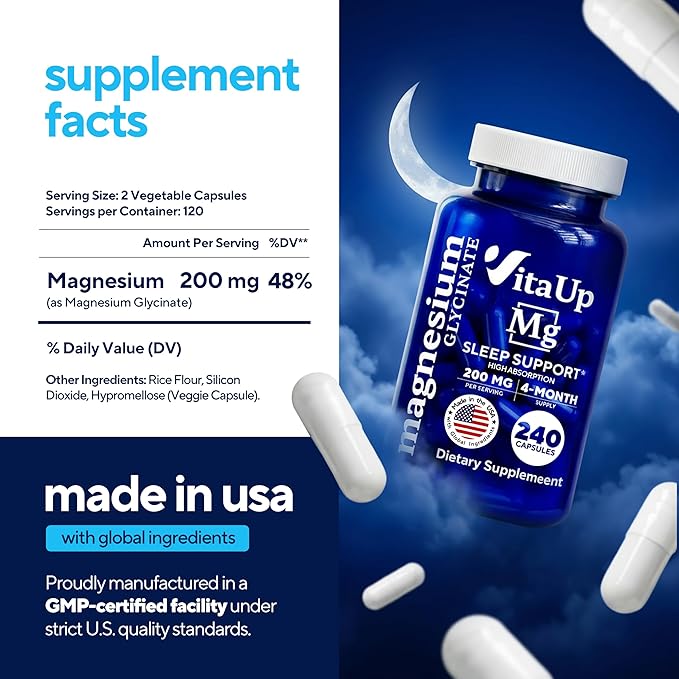 Magnesium Glycinate 200mg - USA Made Highly Absorbed Non-GMO Magnesium for Relaxation Deep Sleep Bones &amp Heart - 200mg per Serving 240 Vegan Capsules