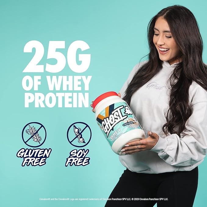 GHOST Whey Protein Powder Cinnabon - 2LB 25G of Protein - Cinnamon Roll Flavored Isolate Concentrate &amp Hydrolyzed Whey Protein Blend - Post Workout Shakes - Soy &amp Gluten Free
