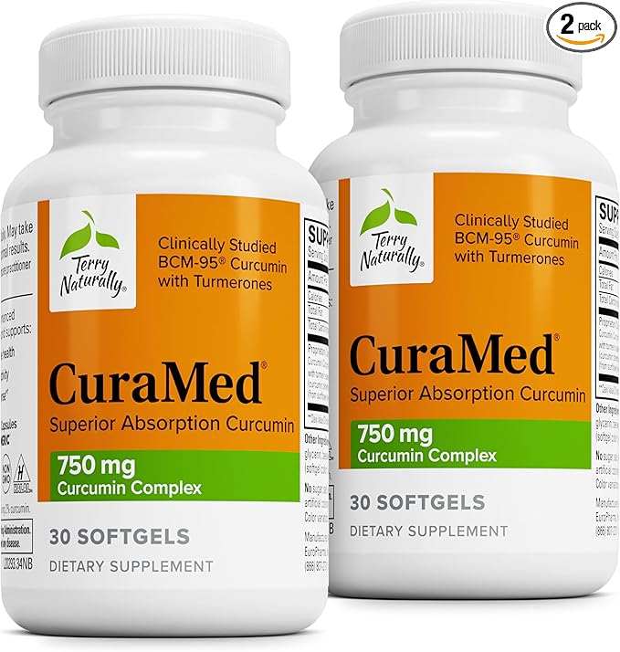 Terry Naturally CuraMed 750mg - Antioxidant Supplement for Brain &amp Heart Health - Supplement with High-Potency Curcumin Complex - Kidney Liver &amp Immune Health Support - 30 Softgels (Pack of 2