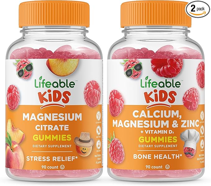 Lifeable Magnesium Citrate Kids + Calcium Magnesium &amp Zinc Kids Gummies Bundle - Great Tasting Vitamin Supplement Gluten Free GMO Free Chewable Gummy