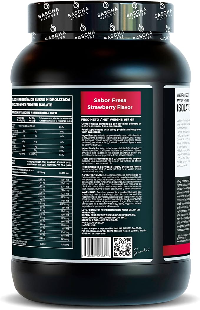 SASCHA FITNESS Hydrolyzed Whey Protein Isolate100% Grass-Fed (2 Pounds Strawberry)