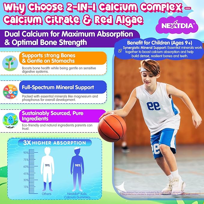 Kids Calcium Soft Chews + D3 &amp K2 for 9+ Calcium Gummies with Calcium Citrate &amp Red Algae Calcium Lion's Mane Omega-3 Magnesium for Bone Health Teeth Energy Brain &amp Mṍṍd Support 60