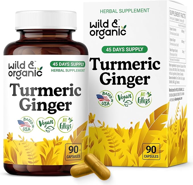 Wild &amp Organic Turmeric and Ginger Supplement Capsules - Mobility &amp Immune Support - Turmeric Ginger Black Pepper Supplement - 45 Days of Supply - Vegan No Fillers Non-GMO - 90 Count