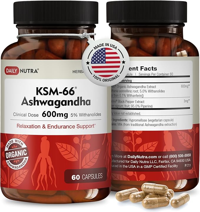DailyNutra KSM-66 Ashwagandha 600mg Organic Root Extract - High Potency Supplement with 5% Withanolides | Relieves Tiredness Supports Relaxation Focus Energy &amp Muscle Growth (60 Capsules)