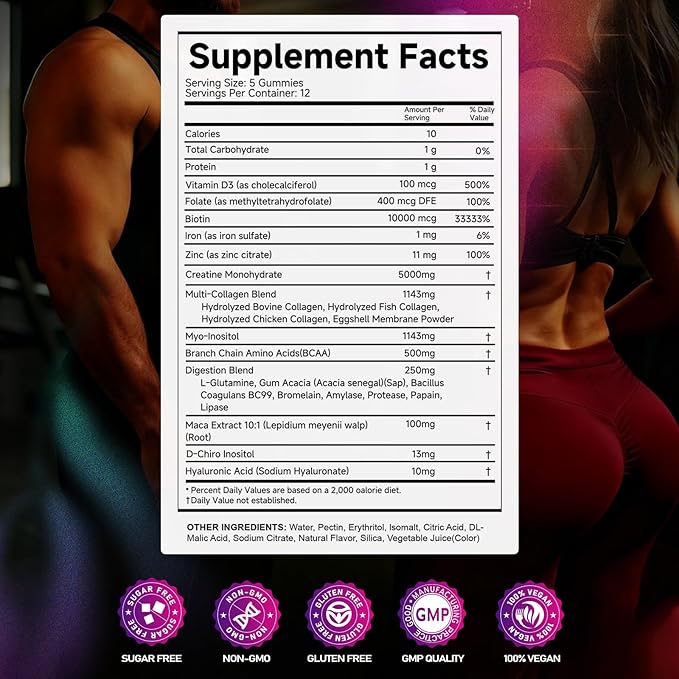 Creatine Monohydrate Gummies – with Collagen BCAAs L-Glutamine Biotin Zinc Vitamin D3 &amp Hyaluronic Acid – Daily Pre &amp Post Workout Recovery Sugar-Free（150 Gummies）