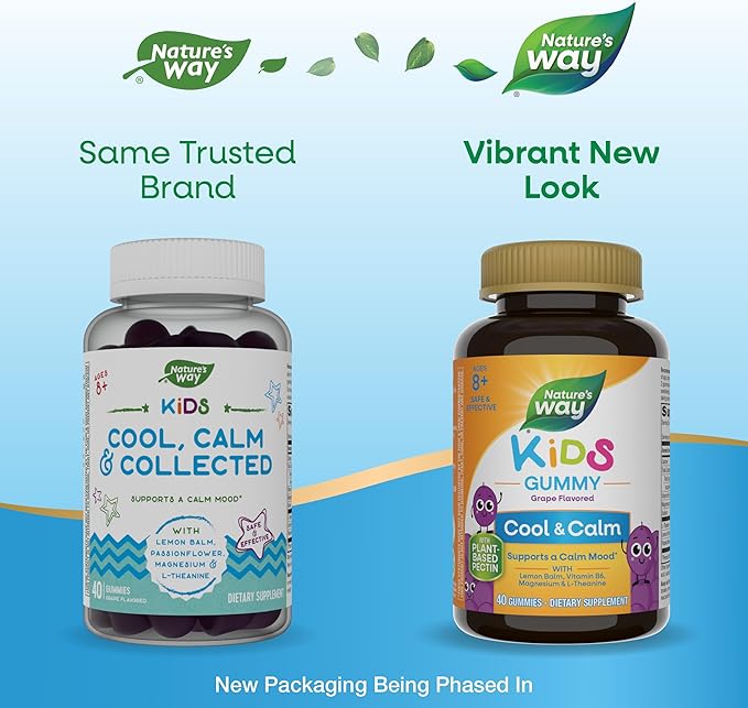 Nature's Way Kids Cool &amp Calm GummiesSupports a Calm Mood in Kids Ages 8+*Lemon BalmMagnesiumVitamin B6L-TheanineGrape FlavoredVegetarian(Packaging May Vary)40 Count (Pack of 2)