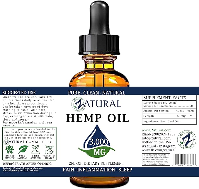 3000mg Zatural Hemp Oil Drops: Hemp Seed Oil | Rich in Omega 3 &amp 6 (3000mg Natural)