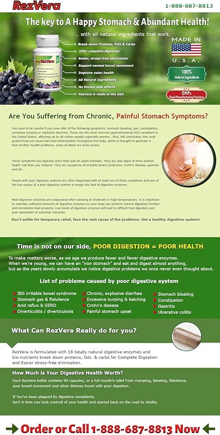 #1 Best All Natural Digestive Supplement for IBS Irritable Bowel Syndrome Stomach Bloating Gas Diarrhea Heartburn Acid Reflux Constipation Indigestion - RezVera 90 Capsules