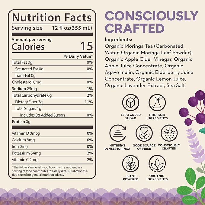 RINGA Elderberry Lavender Lemonade Sparkling Drink – Organic Moringa + Apple Cider Vinegar with 3g Prebiotic Fiber – No Added Sugar No Natural Flavors – Gut Health &amp Immunity Support – 12oz Cans