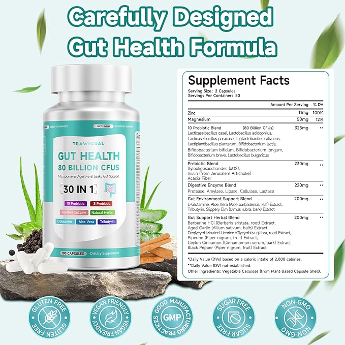 2-Pack Gut Health Capsule Supplement Supports Microbiome Leaky Gut and Digestion with 80 Billion CFU Probiotics Prebiotics Digestive Enzymes 30-in-1 Gut Health Supplement 200 Capsules