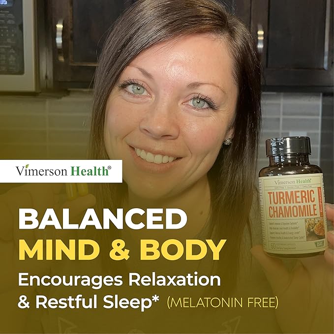 Turmeric Supplement &amp Chamomile Capsules for Sleep - Organic Turmeric Sleep Supplement with Chamomile Flowers Extract (Manzanilla) - Relaxation &amp Stress Support - Joint &amp Digestive Health.