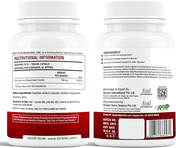 Iron Bisglycinate 180mg – High Potency Iron Supplement for Red Blood Cell Production Iron Deficiency &amp Energy Support – Gentle on Stomach Non-GMO Gluten Free 60 Veg Capsules