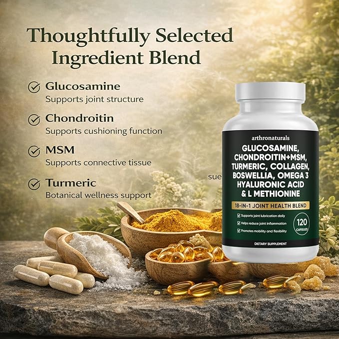Arthronaturals Herbal 18-in-1 Joint Support Blend Daily Supplement with Glucosamine Chondroitin MSM and Turmeric Clean Formula for Active Adult Daily Routine 120 Capsules (2)