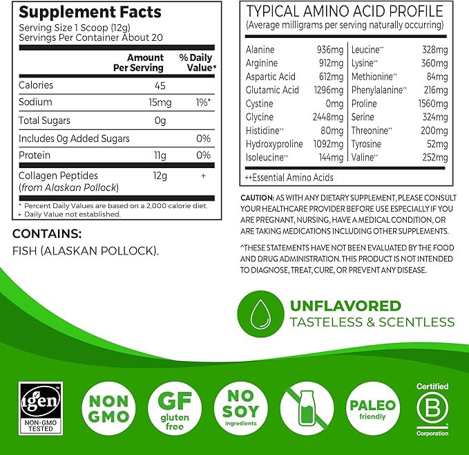 Orgain Wild-Caught Marine Collagen Peptides Powder for Women &amp Men Hair Skin Nail &amp Joint Support Supplement 12g Collagen Per Serving Pescatarian &amp Paleo Non-GMO Unflavored Type I