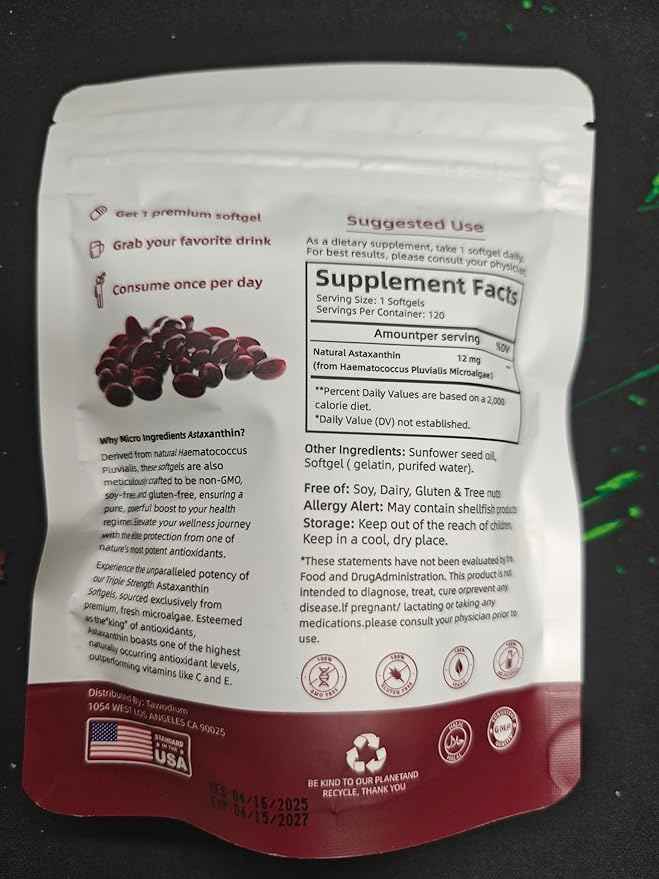 Astaxanthin 12mg Triple Strength Skin Vitamins for Women with Antioxidant ActivitySupports Immune Skin Eye &amp Joint HealthPromote Internal CirculationChocolate Flavor120 Servings