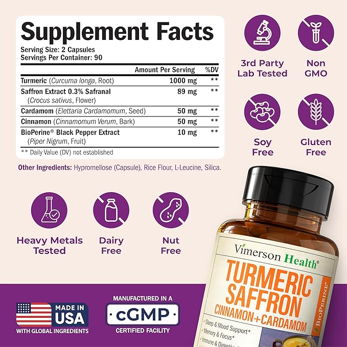 Saffron Supplements – 89mg Saffron Extract 1000mg Turmeric Curcumin Ceylon Cinnamon &amp Cardamom – Daily Mood Joint &amp Metabolic Support – Joint Supplements for Women &amp Men – 180 Capsules