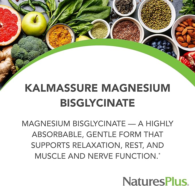 NaturesPlus KalmAssure Magnesium Bisglycinate - 180 Capsules - Supports Nerve &amp Muscle Relaxation - Formulated Without Magnesium Oxide - 60 Servings