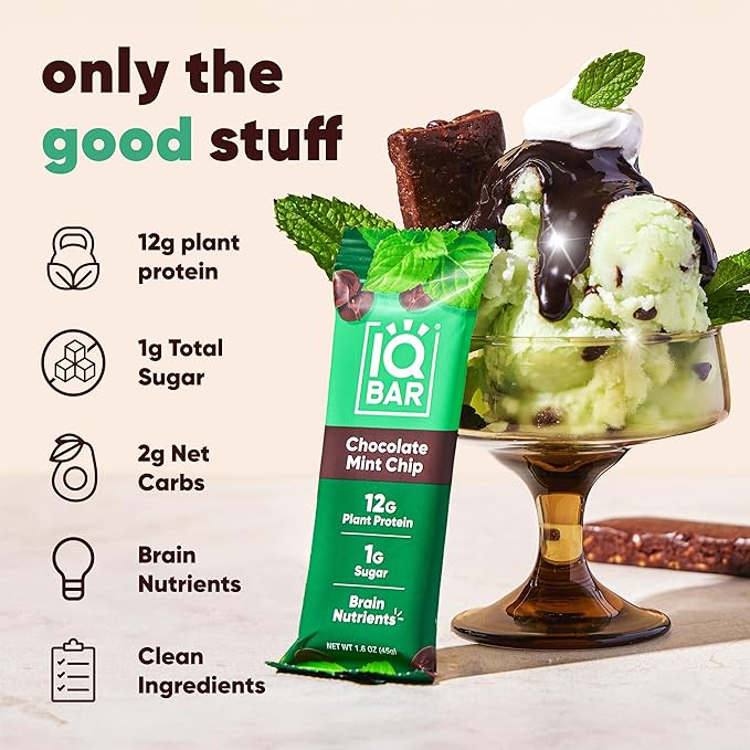 IQBAR Clean Plant Protein Bars - Chocolate Mint Chip - 12 Count - Keto Vegan High Fiber Gluten and Dairy Free Low Sugar Snack - Brain and Body Nutrients for Focus Energy Meal Replacement