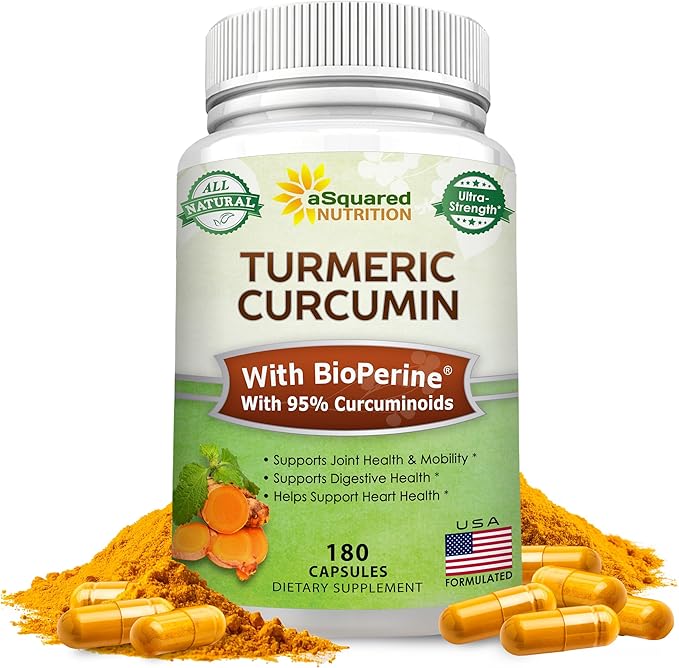 aSquared Nutrition Turmeric Curcumin 1300mg with BioPerine Black Pepper Extract - 180 Capsules - with 95% Curcuminoids 100% Natural Tumeric Root Powder Supplements Pure &amp Joint Stiffness Pills