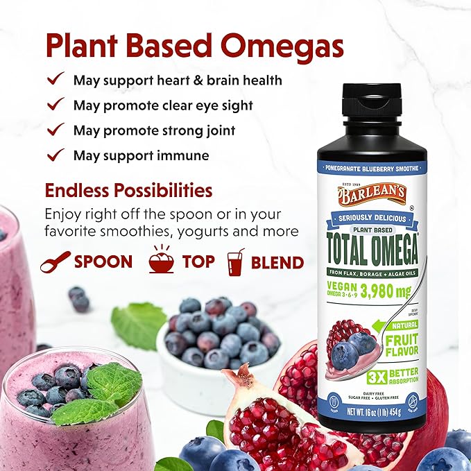 Barlean's Vegan Omega 3 6 9 Flaxseed Borage and Algae Oil Liquid Supplement Pomegranate Blueberry 3980 mg GLA EPA and DHA Fatty Acid Vegan 16 oz