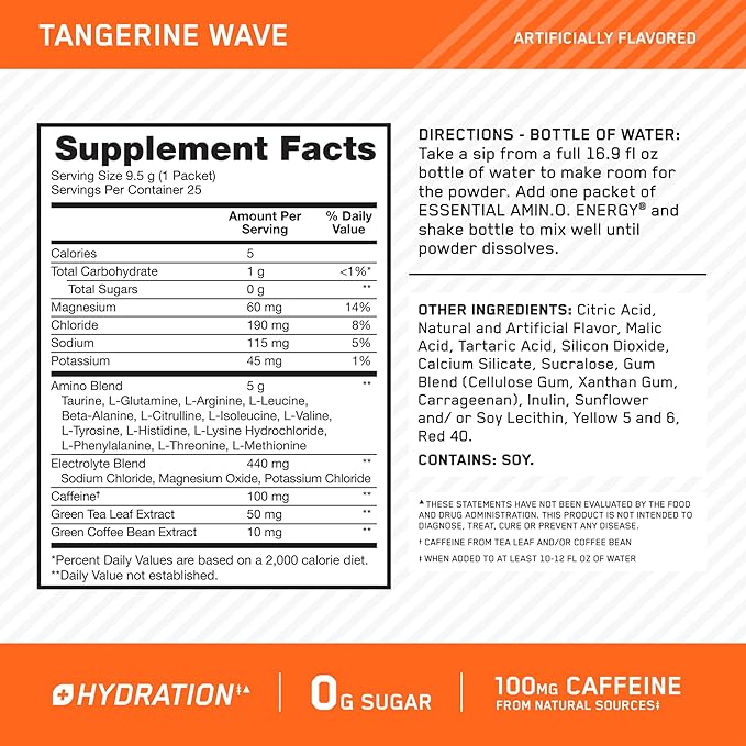 Optimum Nutrition Amino Energy Hydration Packets On-The-Go Energy Powder Stick Packs Tangerine Wave 25 Count